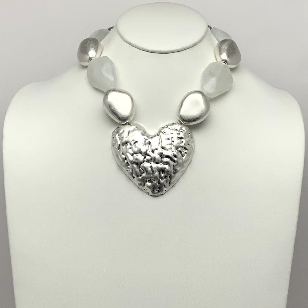 Lucite Chunky Hammered Heart Pendant Necklace