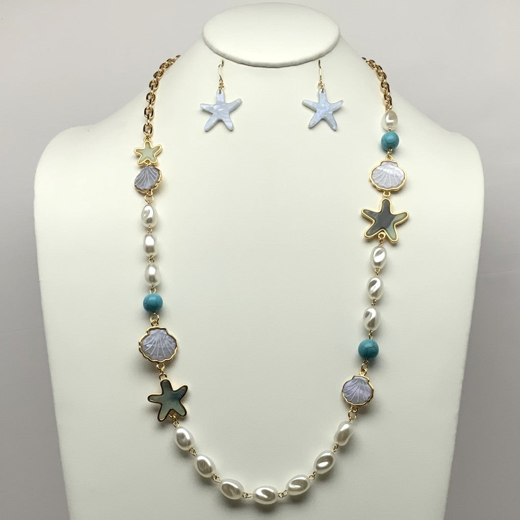Long Pearl and Metal Necklace Set with Glassy Lucite Starfish and Shell Spacers