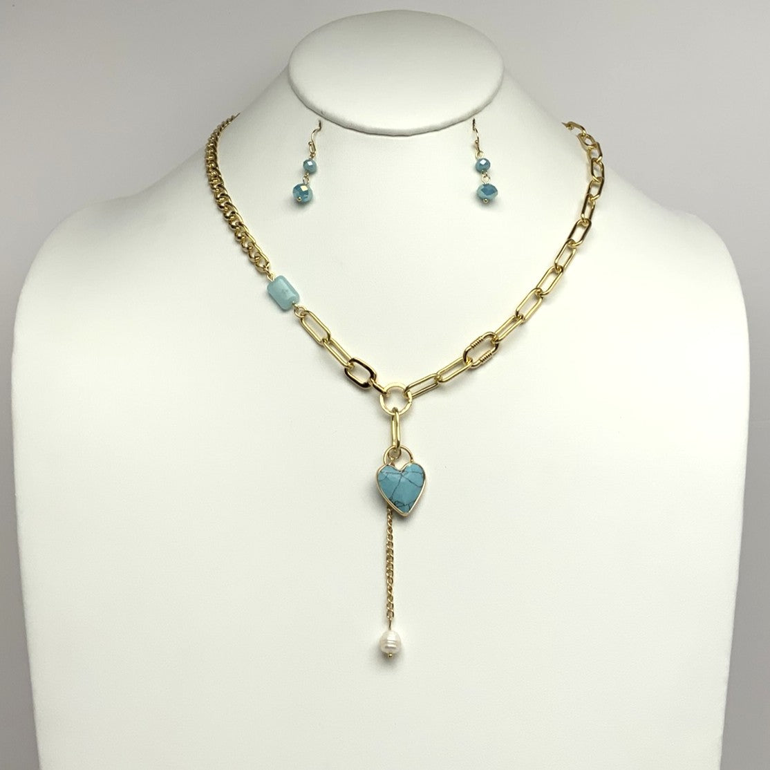 Chain Link Heart Pearl Charm Necklace Set
