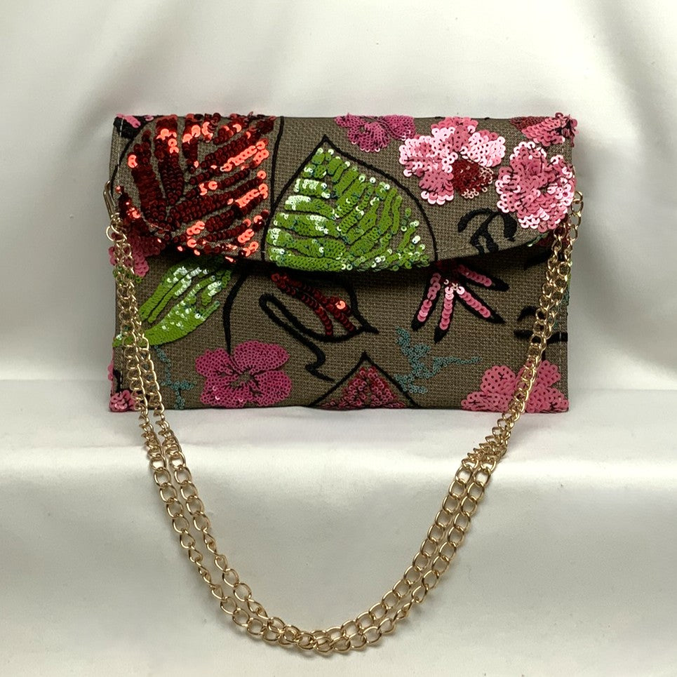 Botanical Embroidered Sequins Mesh Flat Crossbody Purse