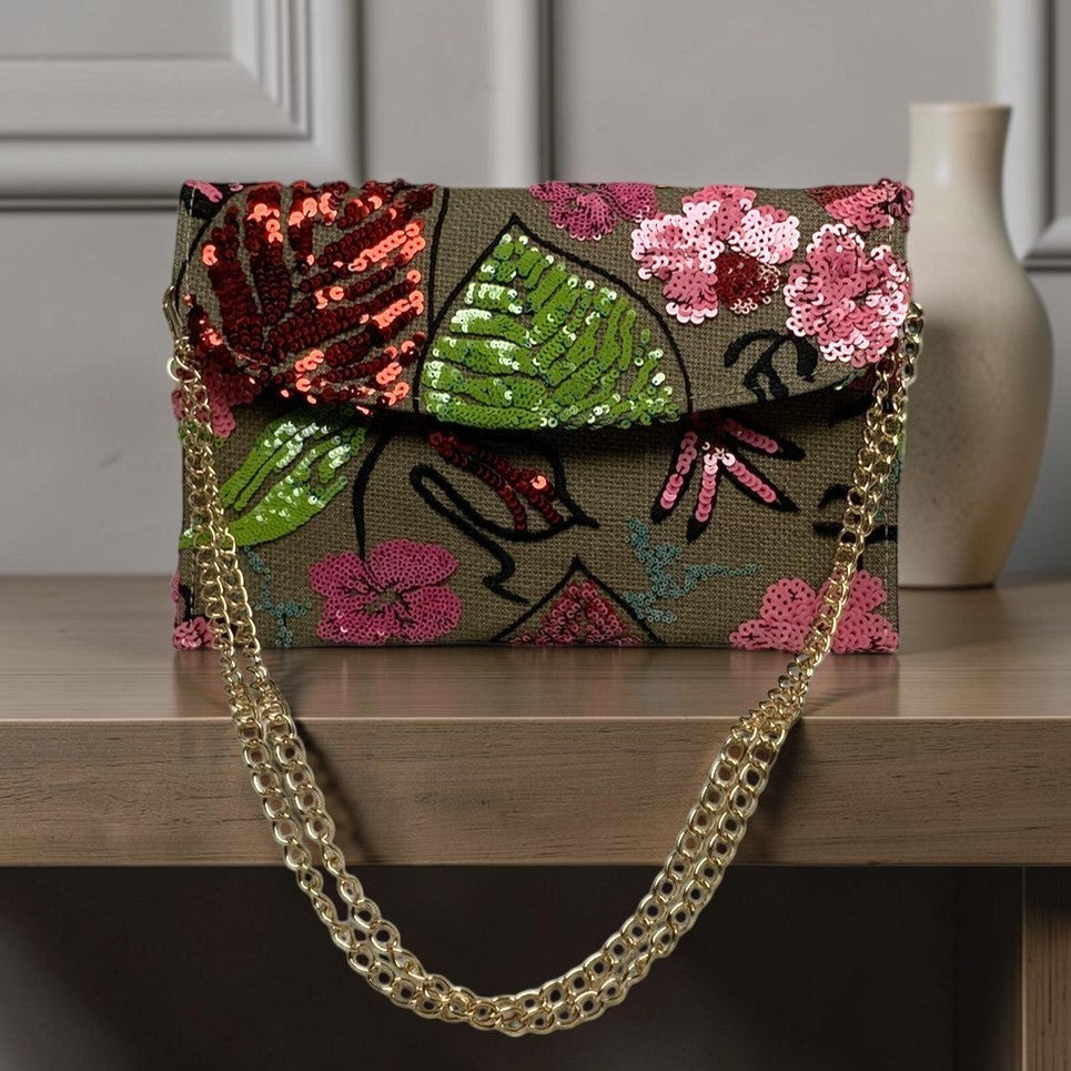 Botanical Embroidered Sequins Mesh Flat Crossbody Purse