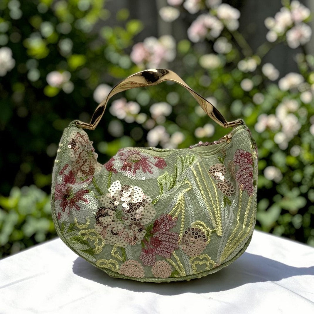 Small Botanical Embroidered Sequins Twisted Metal Handle Handbag