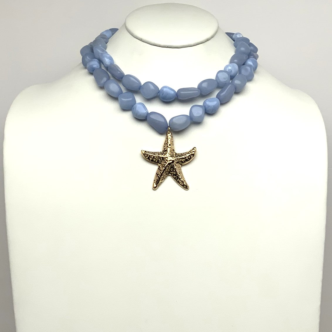 Double Layered Lucite Marble Design Stone Bead Textured Starfish Necklace