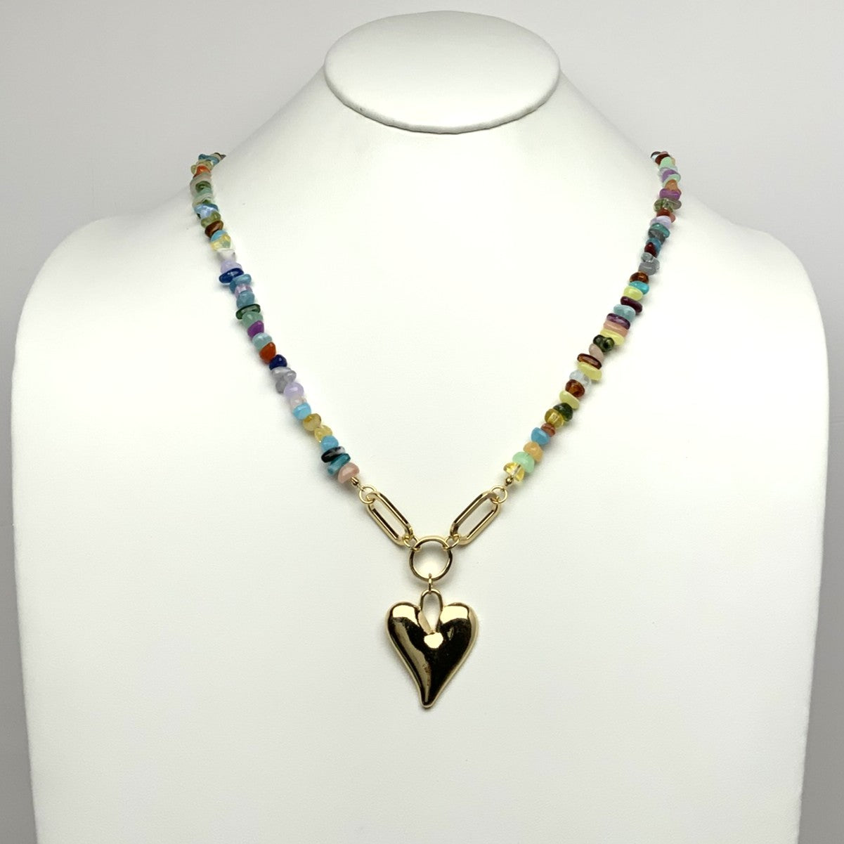 Long Stone Pebble Heart Pendant Necklace