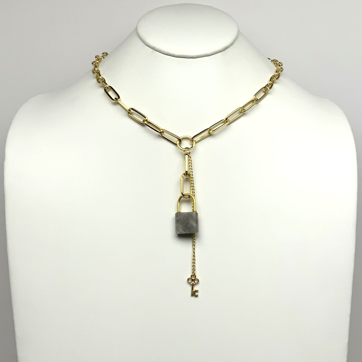Long Chain Lucite Lock Drop Key Charm Necklace