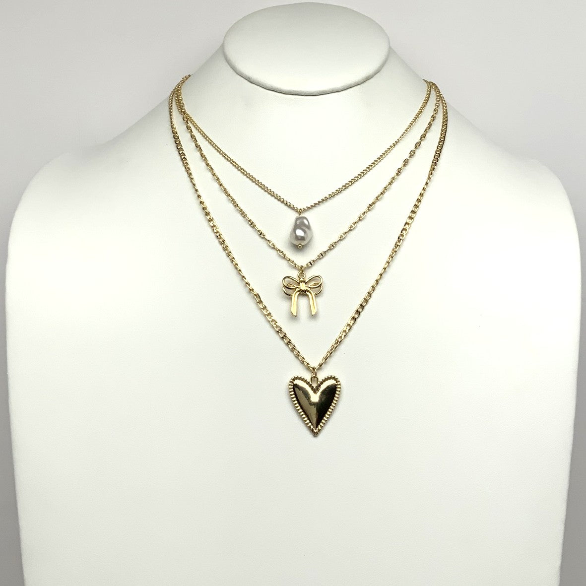 Three Layered Chain Heart, Bow, Pearl Pendant Necklace