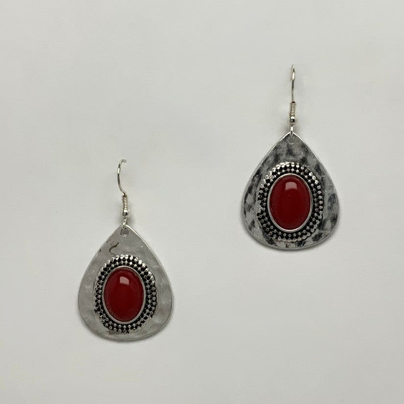 Teardrop Hammered Design w/Stone Earrings