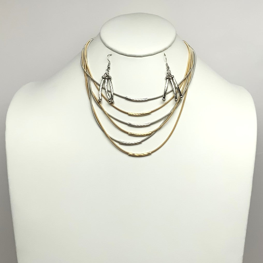 Multi Wire W/ Metal Curved Tubes Necklace Set
