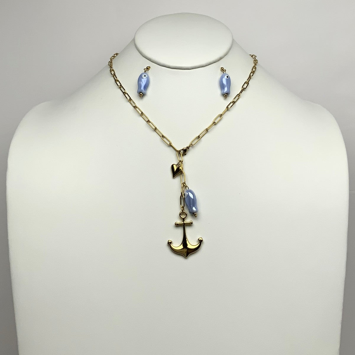 Link Chain Fish Anchor Pendant Necklace Set