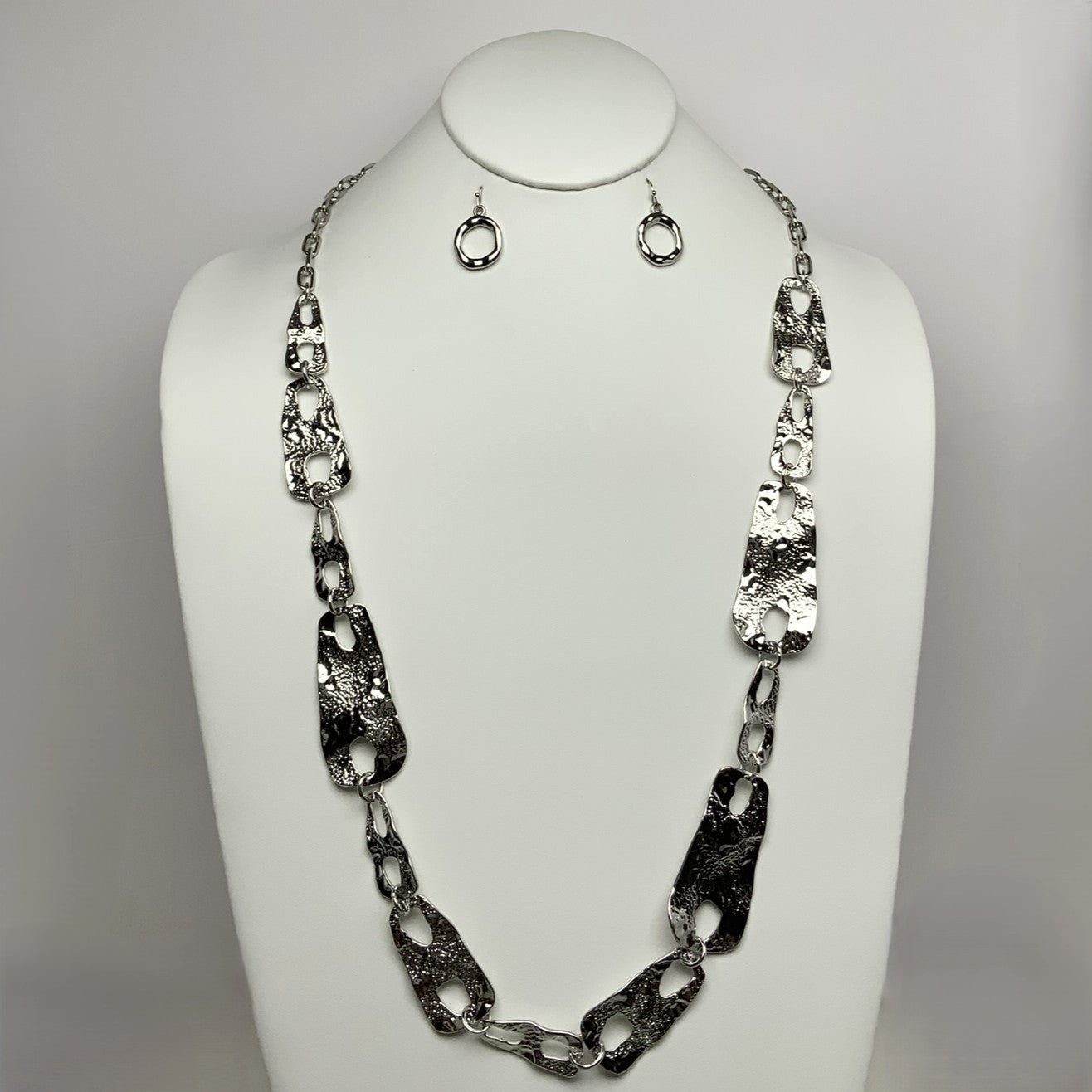 Long Textured Flat Abstract Metal Pieces Necklace Set