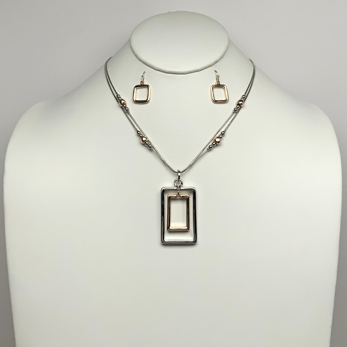 Rectangle Drop Piece Metallic Layered Necklace Set