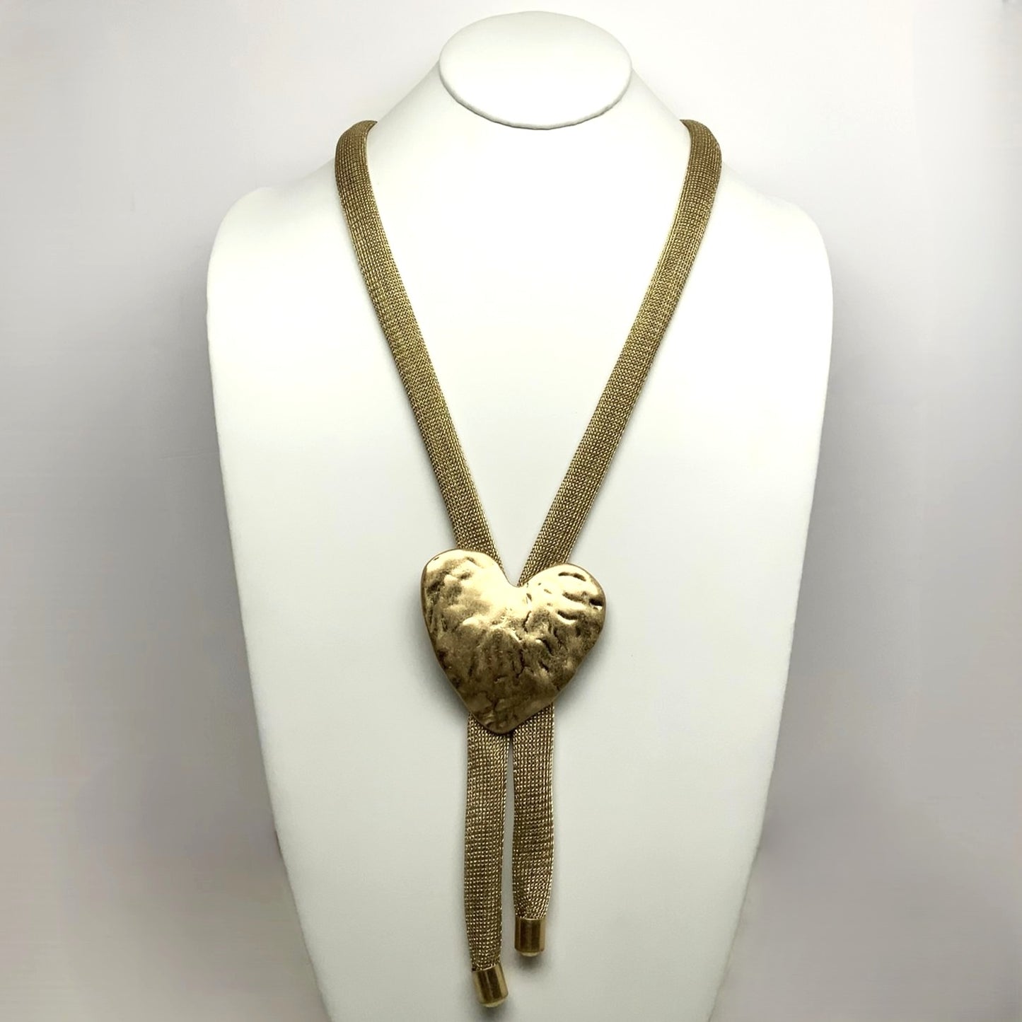 Long Mesh Metal Hammered Heart Necklace