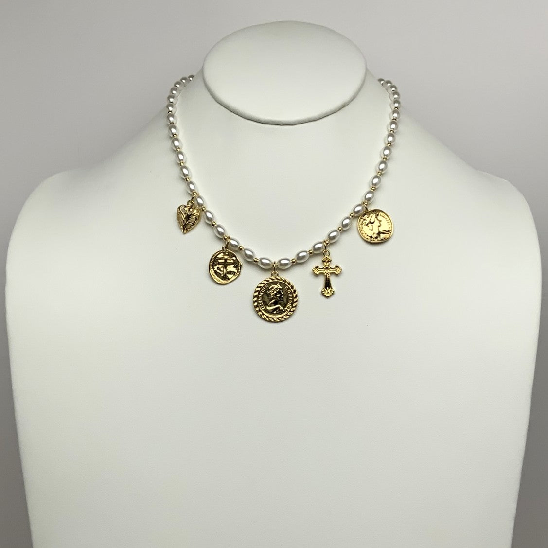 Pearl w/Coin and Religious Charms Necklace