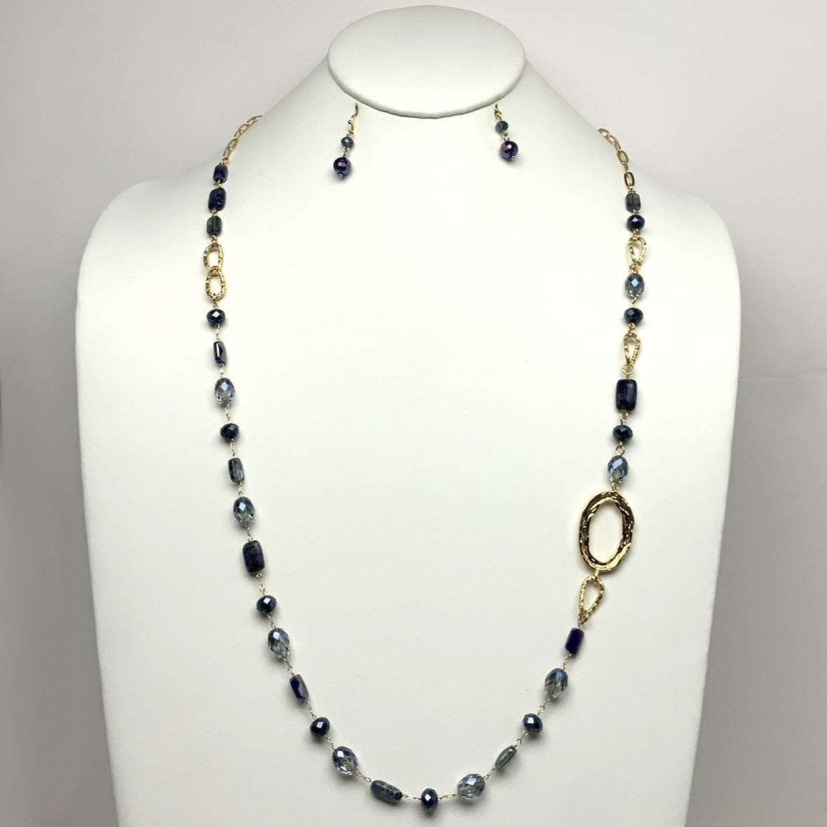 Long Crystal Textured Side Metal Oval Necklace Set