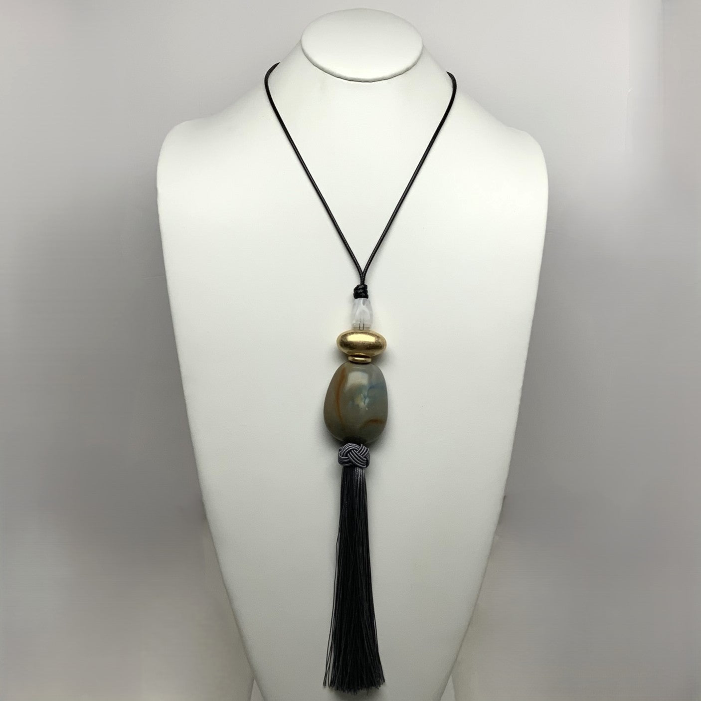 Adjustable Cord Lucite Stone Tassel Drop Necklace