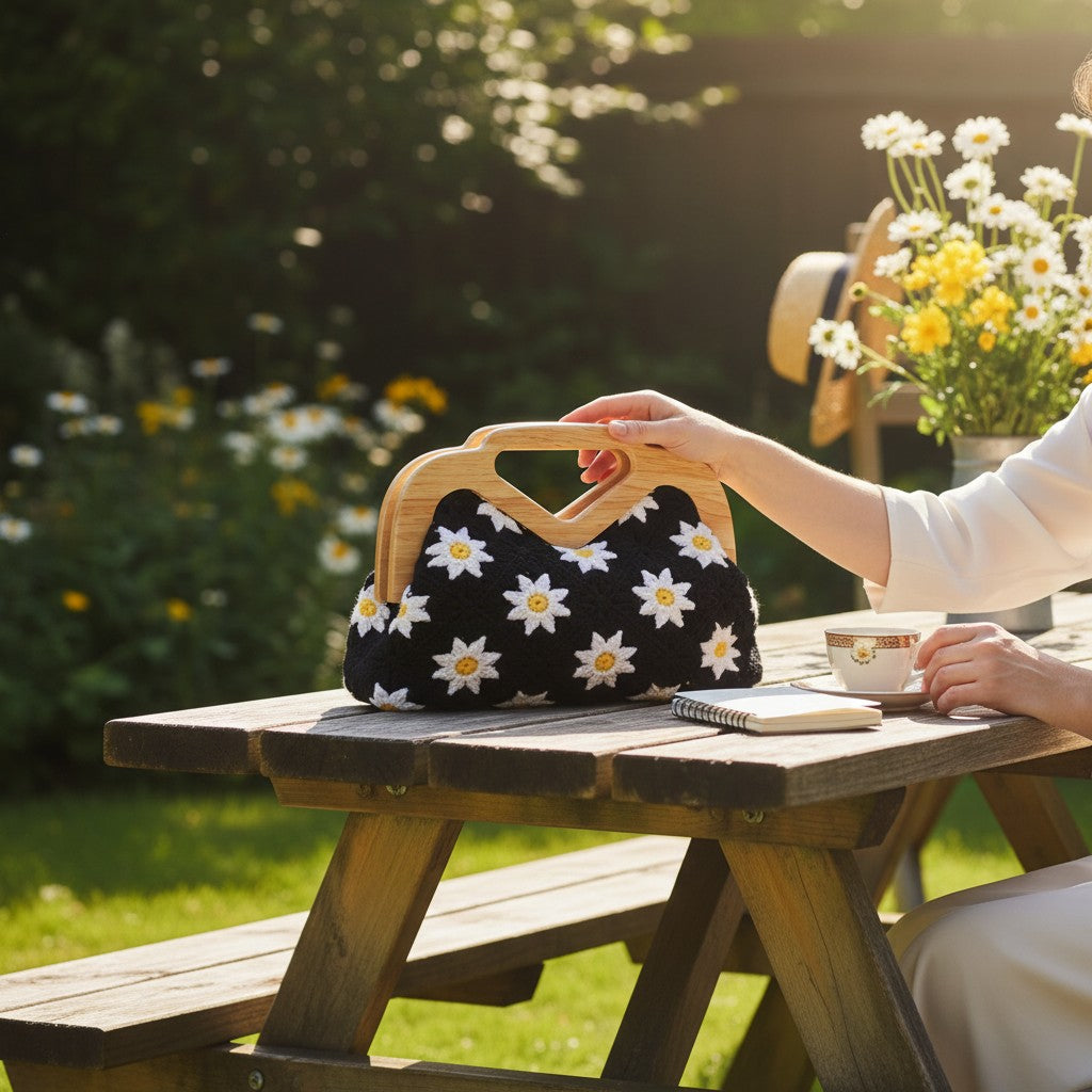 Crocheted Flower Pattern Wood Handbag