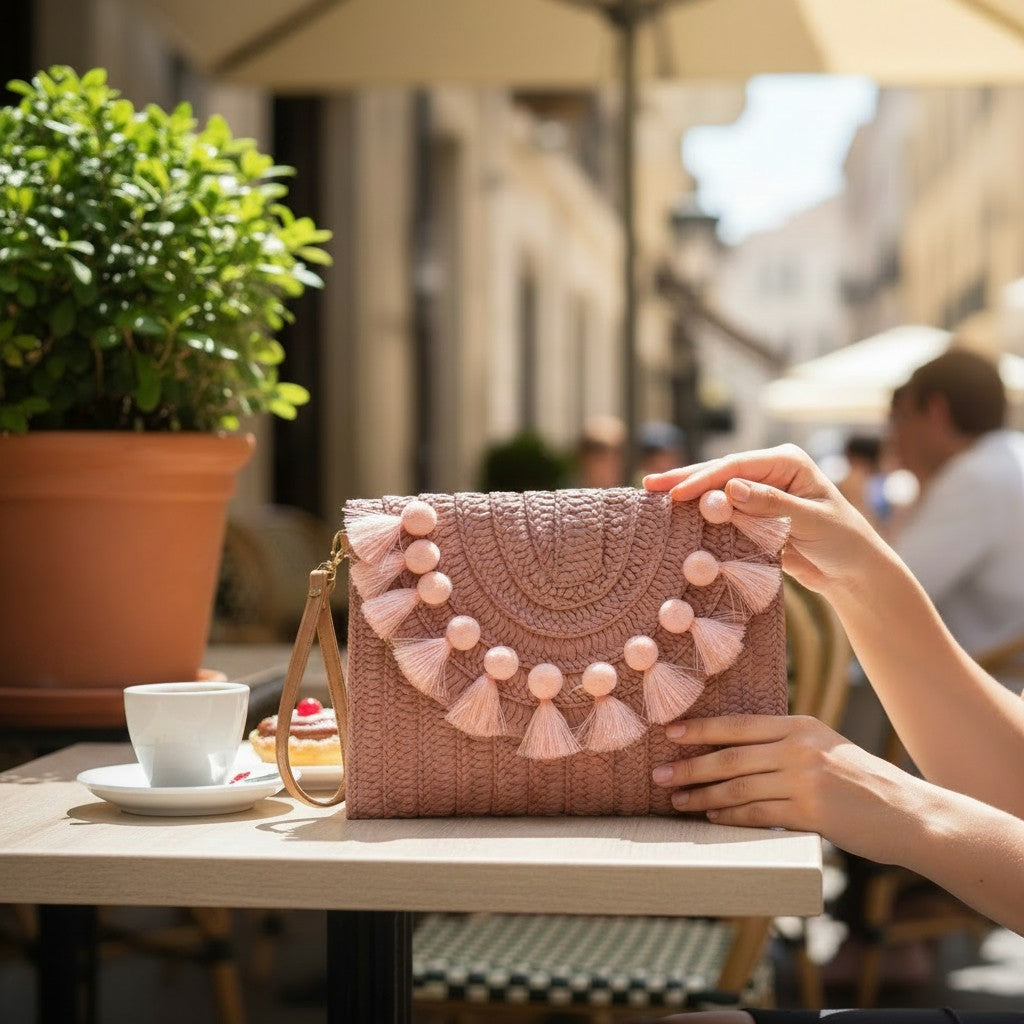 Wicker Envelope Pom Pom Clutch Purse