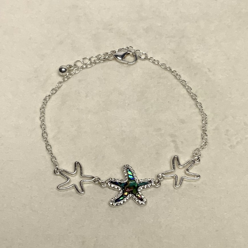 Abalone, Rhinestone, and Metal Three Starfish Anklet