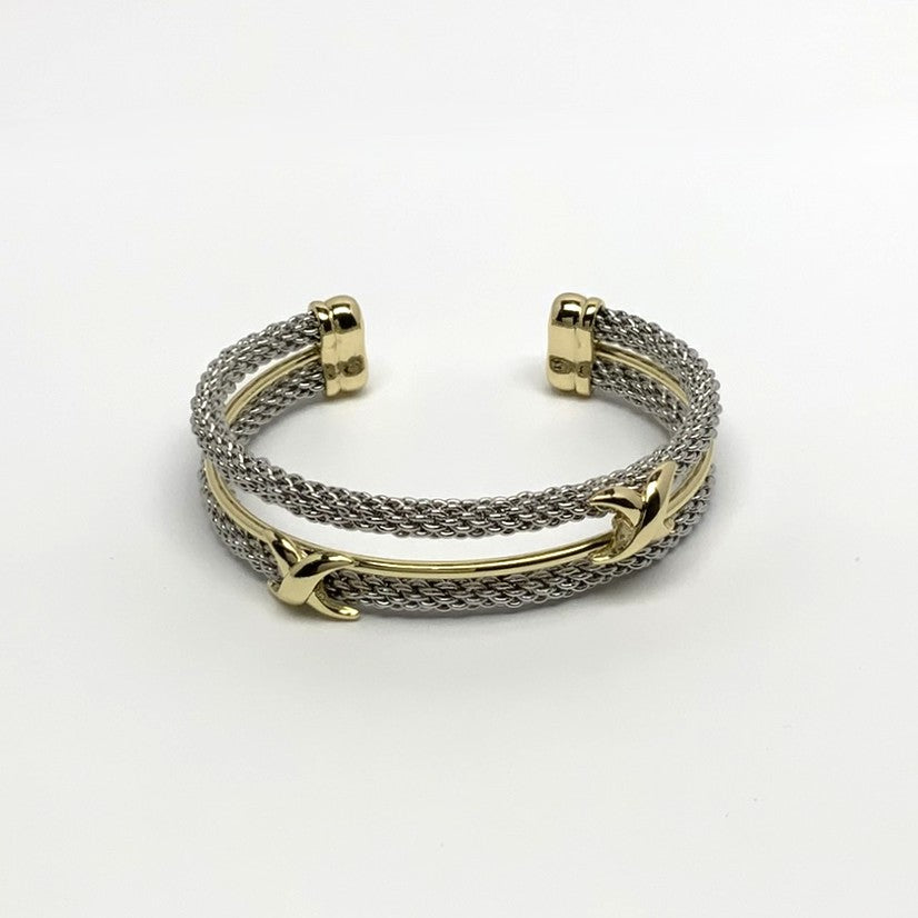 Three Bar Metal and Mesh Designer Look Double "X" Cuff Bracelet