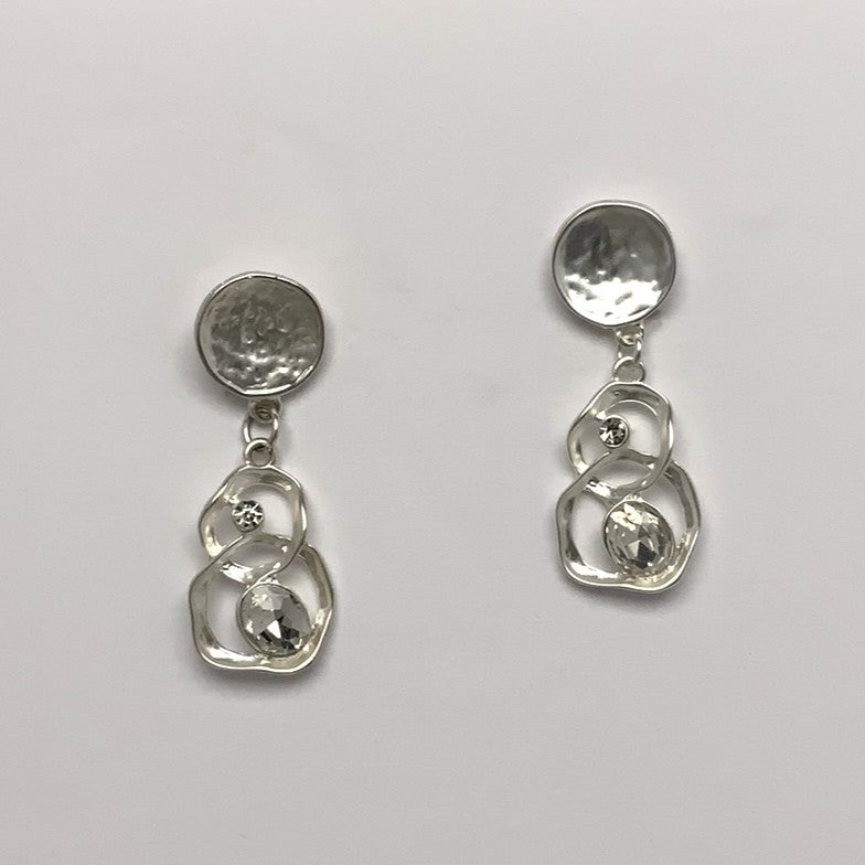 Hammered Metal and Bling Wavy Circles Three Tier Drop Clip Earring