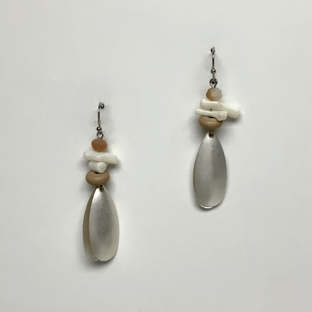 Metal Tear Drop Dangle Earring with Wood and MOP Nuggets