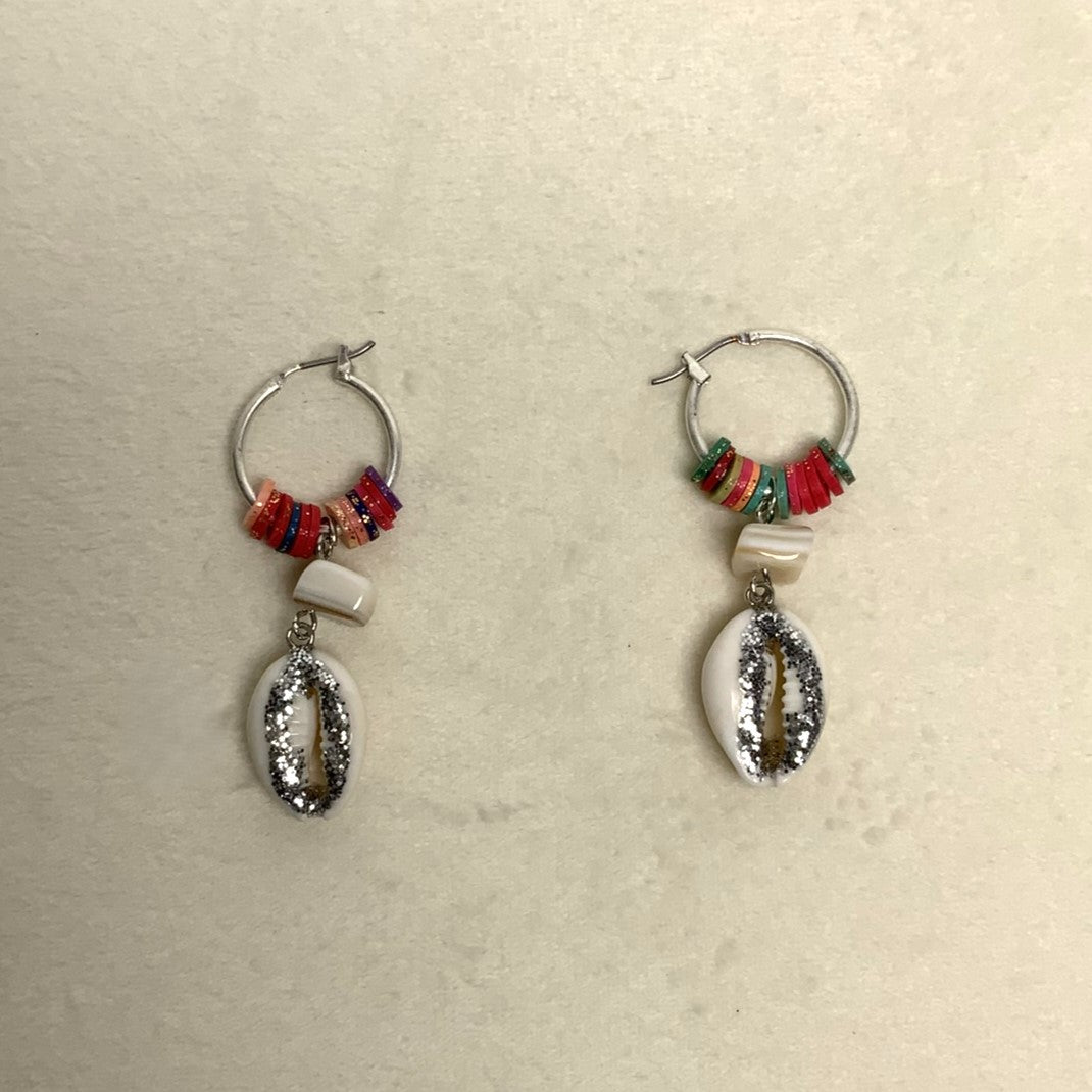 Colored Disc on Metal Hoop with Glittered Cowrie Shell Drop