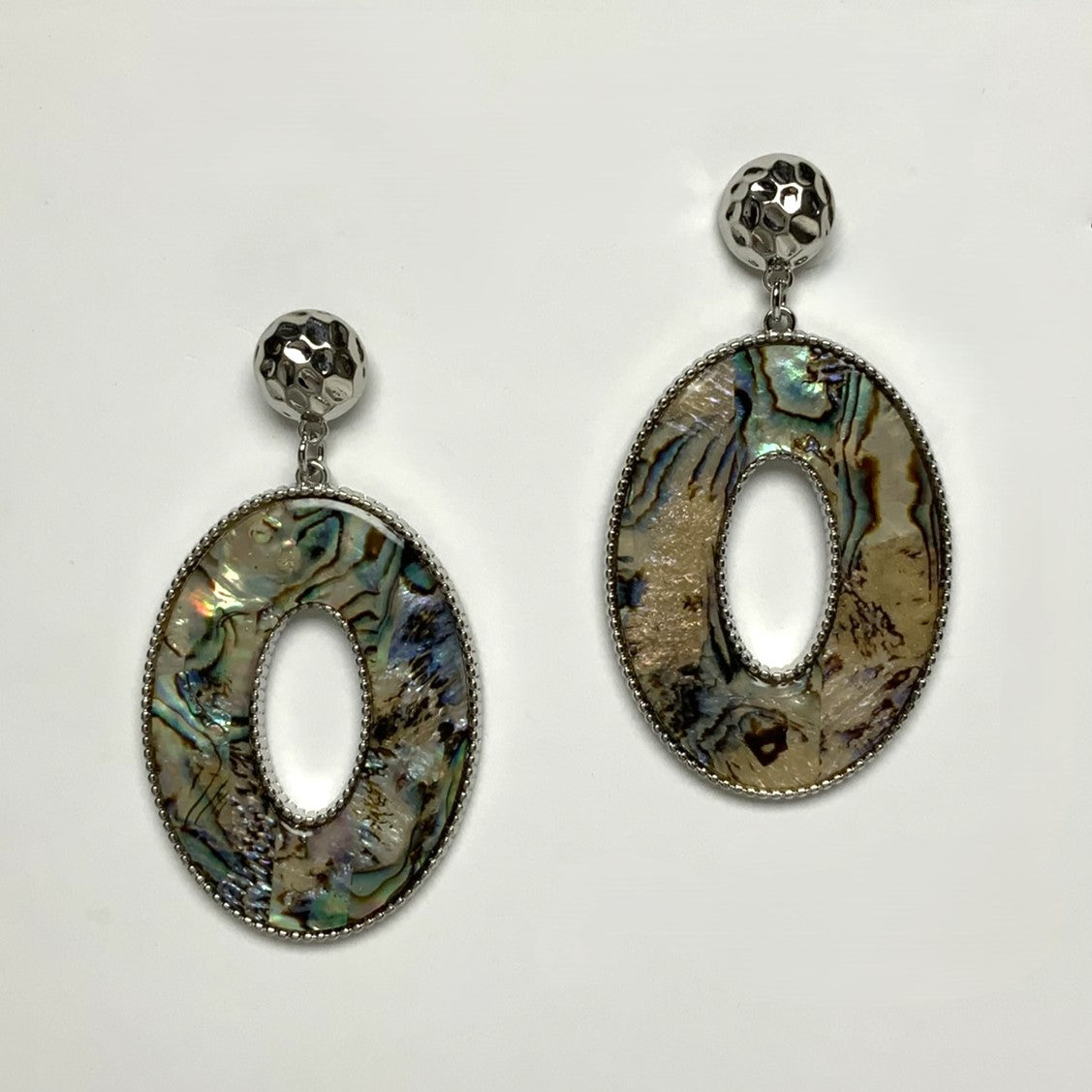 Large Hammered Oval and Abalone Look Drop Earring