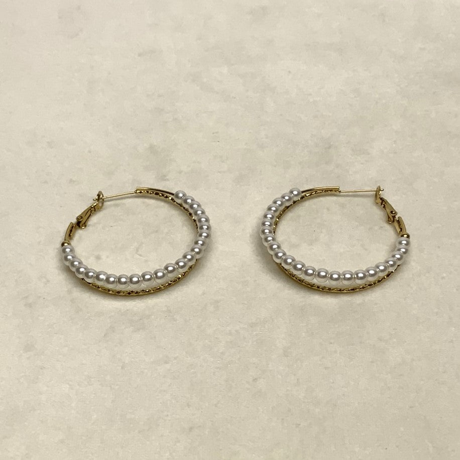 Double Pearl and Hammered Metal Hoop Earring