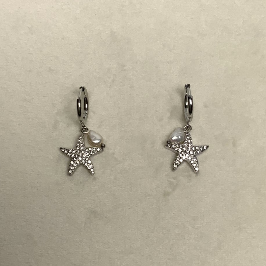 Rhinestone Crusted Starfish Dangle Earring with Pearl Charm