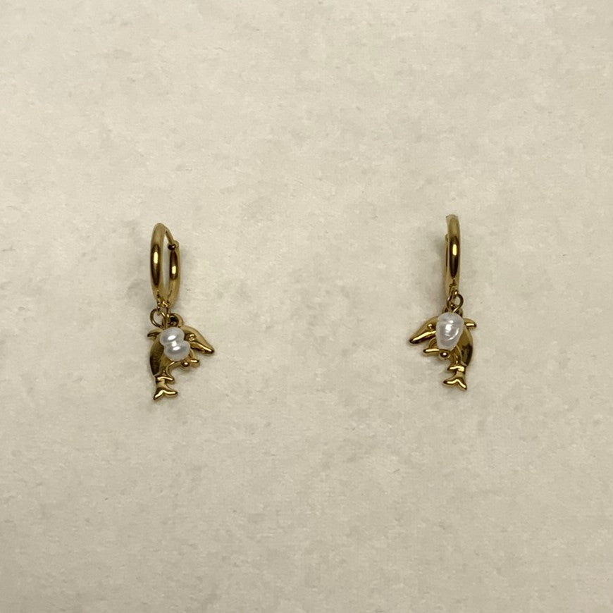 Metal Dolphin with Pearl Dangle Earring