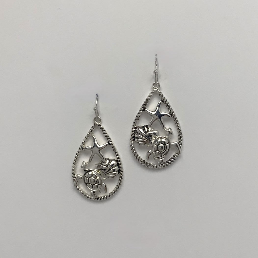 Metal Outline Nautical Turtle Seashell Starfish Teardrop Earrings
