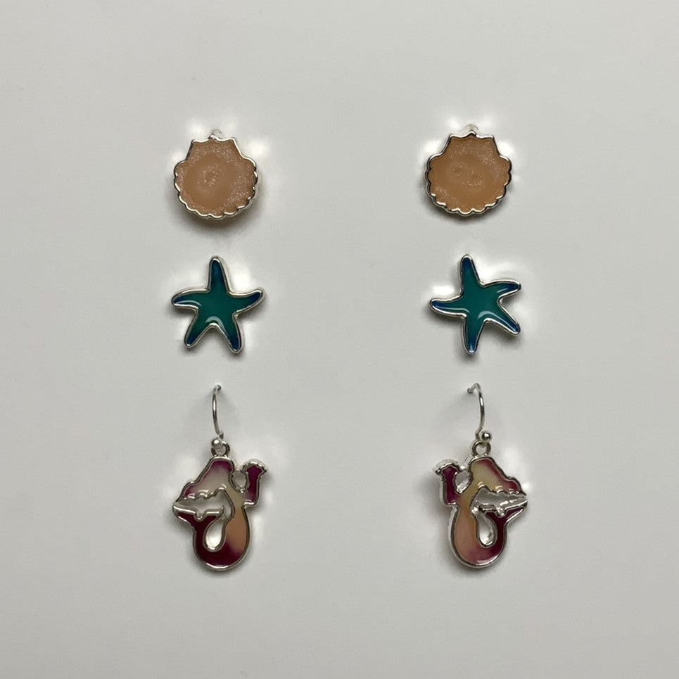 Three Pack Shell, Starfish, and Mermaid Earring
