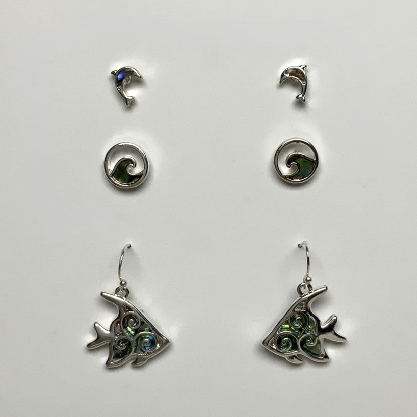 Shell Look Three Pack Dolphin, Wave, and Fish Earring