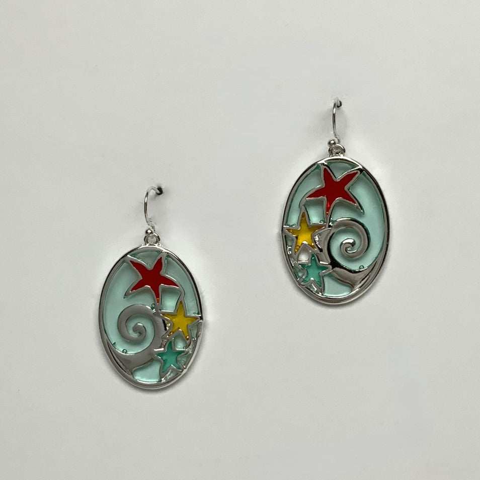 Oval Stain Glass Dangle Earring with Three Starfishes