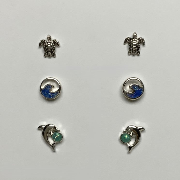 Three Pack Metal and Sea Glass Turtle, Wave, and Dolphin Earring