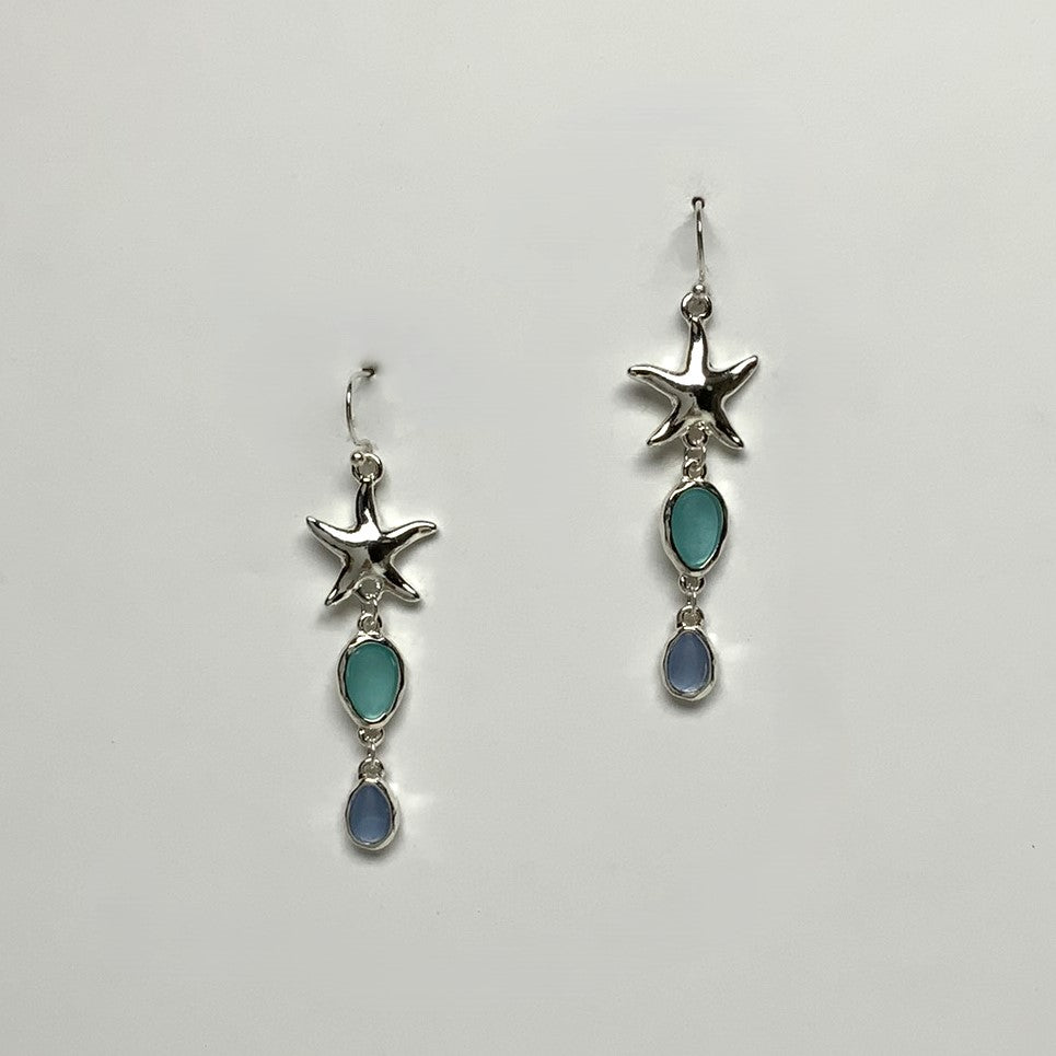 Three Tier Metal and Sea Glass Starfish Drop Earring
