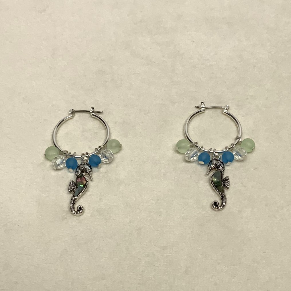 Shell Look Sea Horse on Metal Circle Hoop Earring with Charm Beads