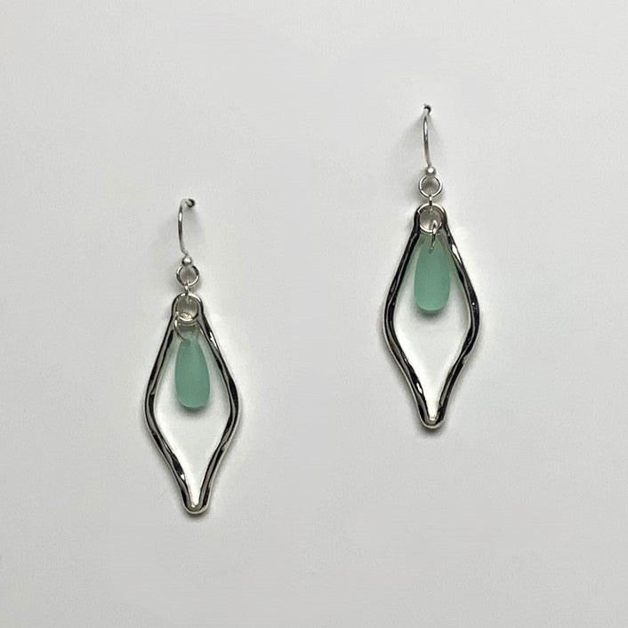 Metal Kite Shape Drop Earring with Sea Glass Tear Drop