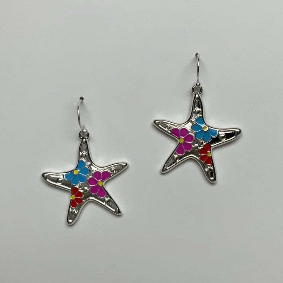 Enamel Painted Flowers on Starfish Drop Earring