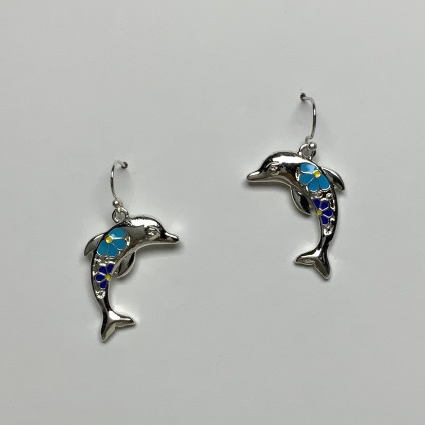 Enamel Painted Flowers on Dolphin Drop Earring