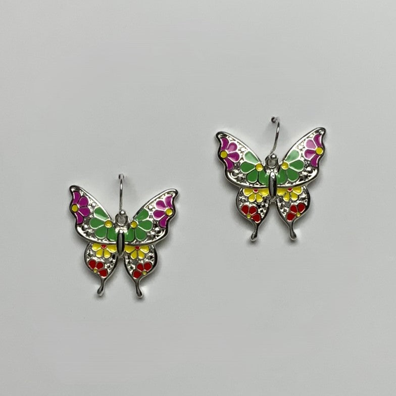 Enamel Painted Flowers on Butterfly Drop Earring