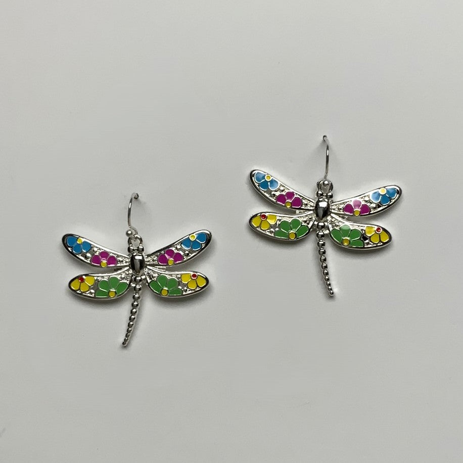 Enamel Painted Flowers on Dragon Fly Earring