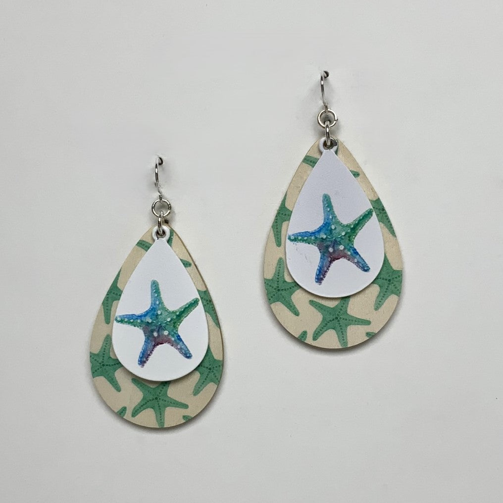 Painted Wood and Plastic Double Layer Tear Drop Starfish Earring