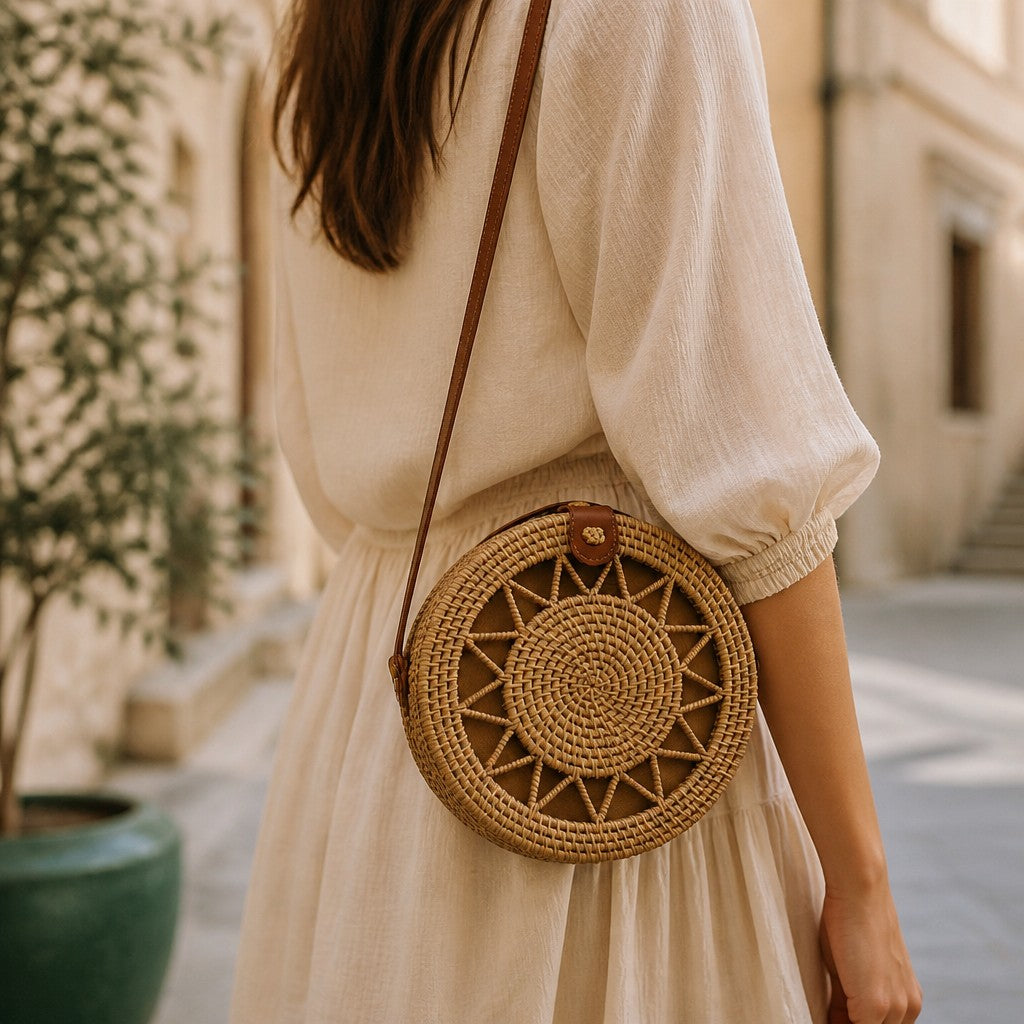 L and B Creations bamboo circle purse with sun design, featuring a brown leather strap and button clasp.