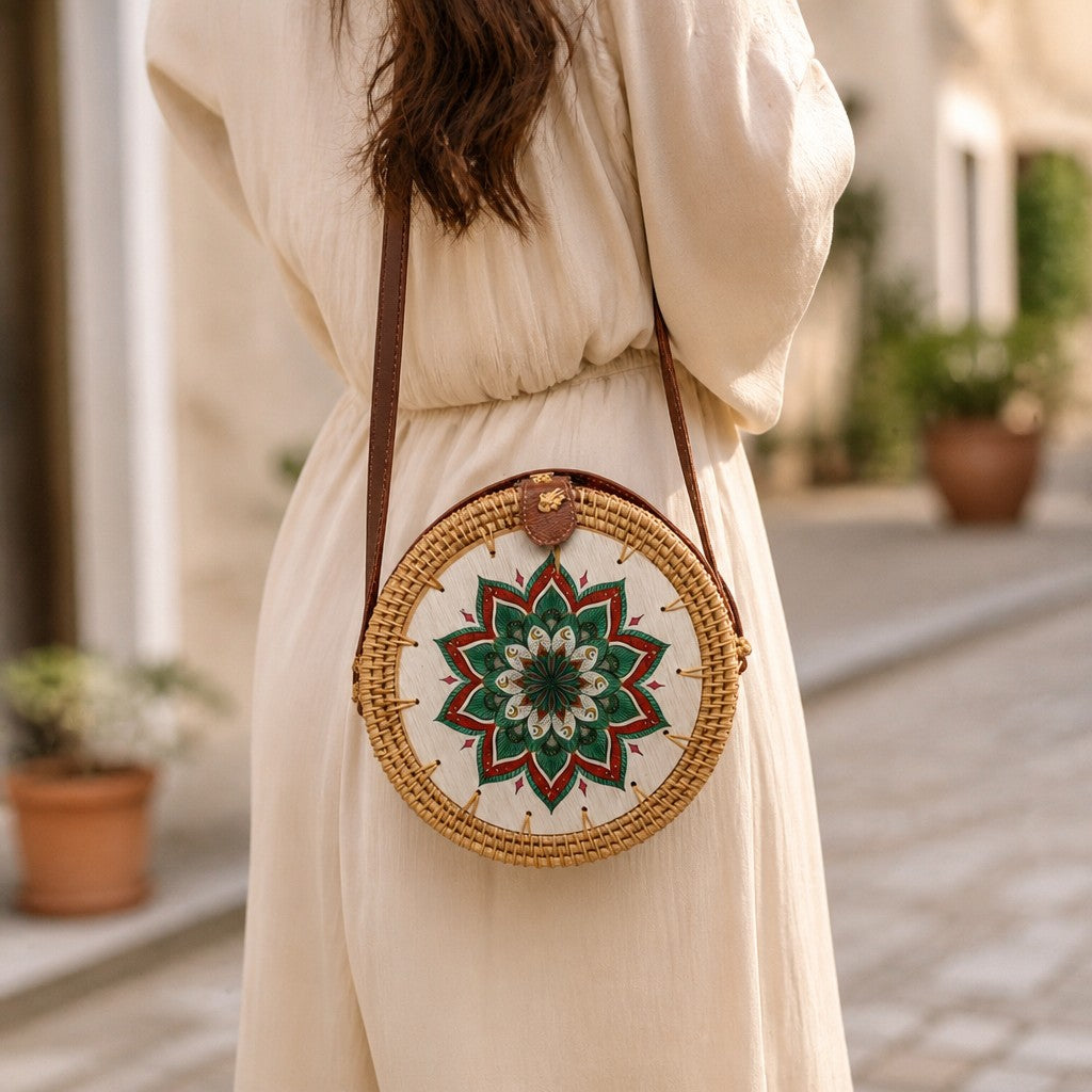 L and B Creations round bamboo purse featuring a green and red mandala flower pattern with a brown leather strap