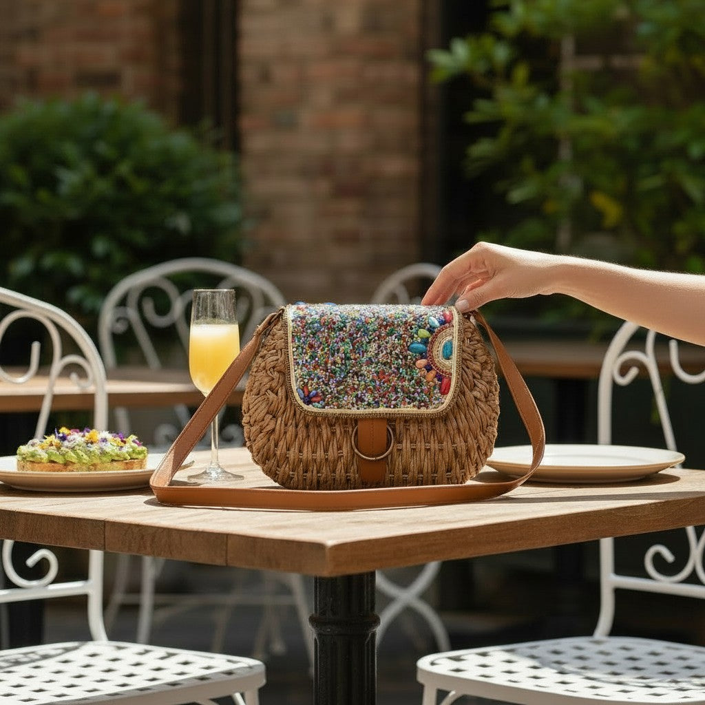 L and B Creations round woven twine crossbody purse with a colorful beaded flap and magnetic clasp on a cafe table.