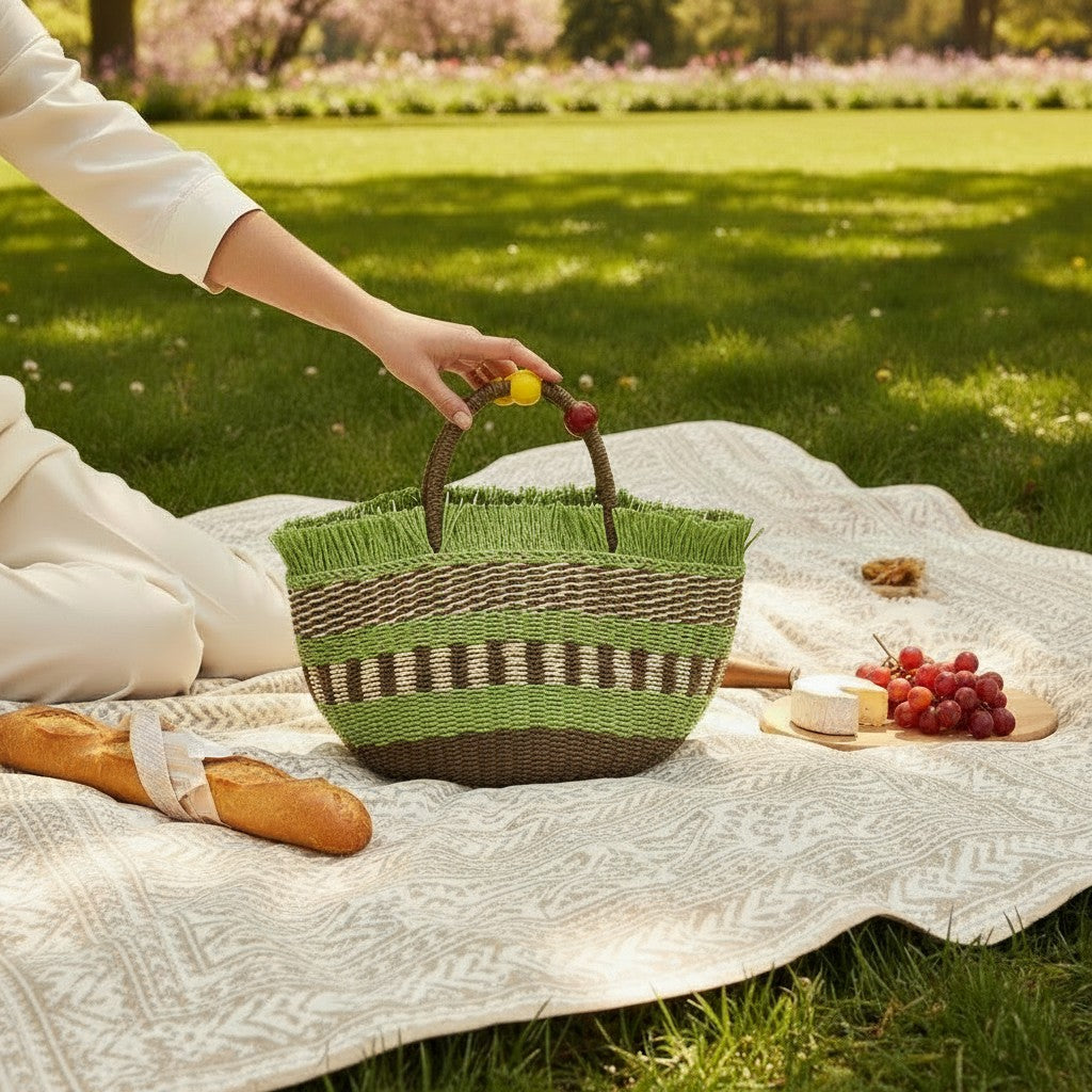 L and B Creations grass rope twine purse with green fringe and wooden bead handle on a picnic blanket