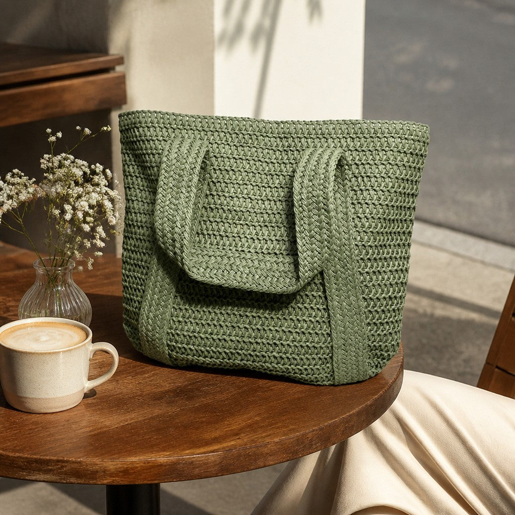 L and B Creations large sage green twine canvas tote bag with woven texture sitting on a wooden cafe table