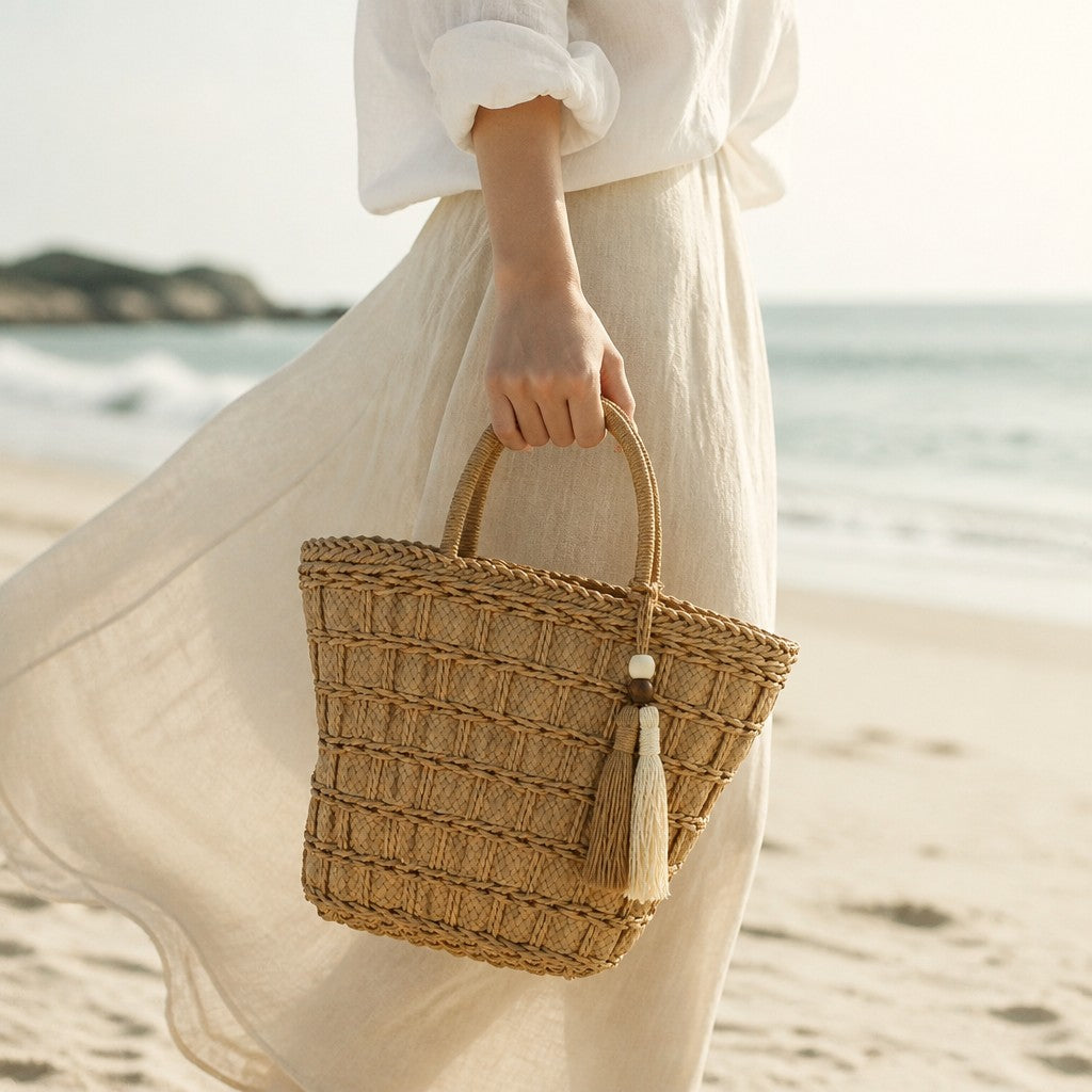 L and B Creations square twine handbag with beaded tassel, held by a woman in a linen skirt on a sunny beach.
