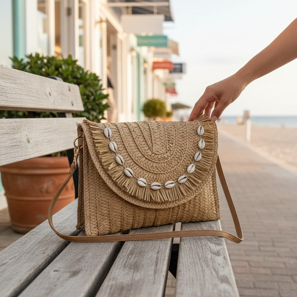 L and B Creations rectangle straw purse with conch shell trim, twine tassels, and crossbody strap on a beach bench.